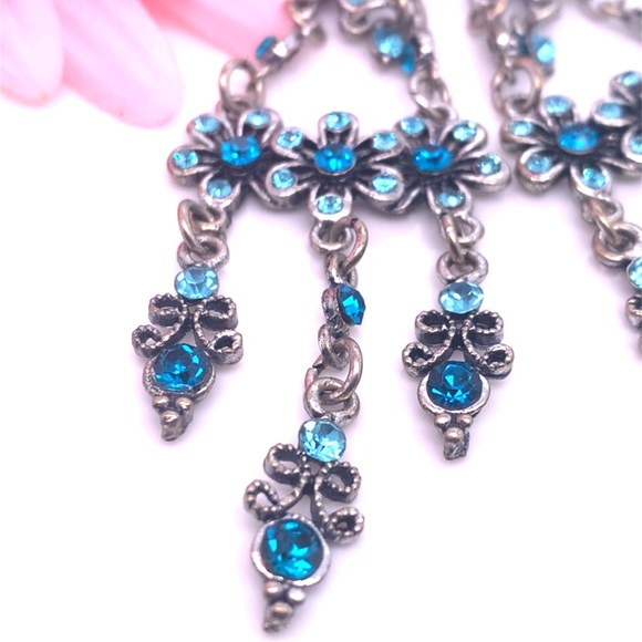 Blue Rhinestones Floral Dangle Earrings 3.5” - Picture 4 of 7